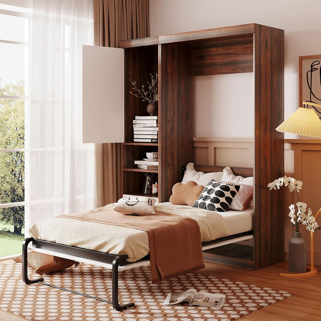 Twin Size Murphy Wall Bed with Cabinet and Storage Drawers, Wooden Platform Bedframe can be Foldable, for Home Bedroom, Space Saving, White