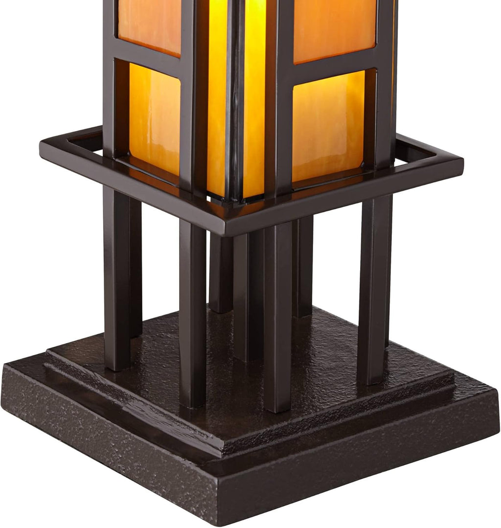 Robert Louis Tiffany Prairie Style Mission Rustic Pillar Accent Table Lamp Bronze Iron Hand-Cut Amber Stained Art Glass U394292
