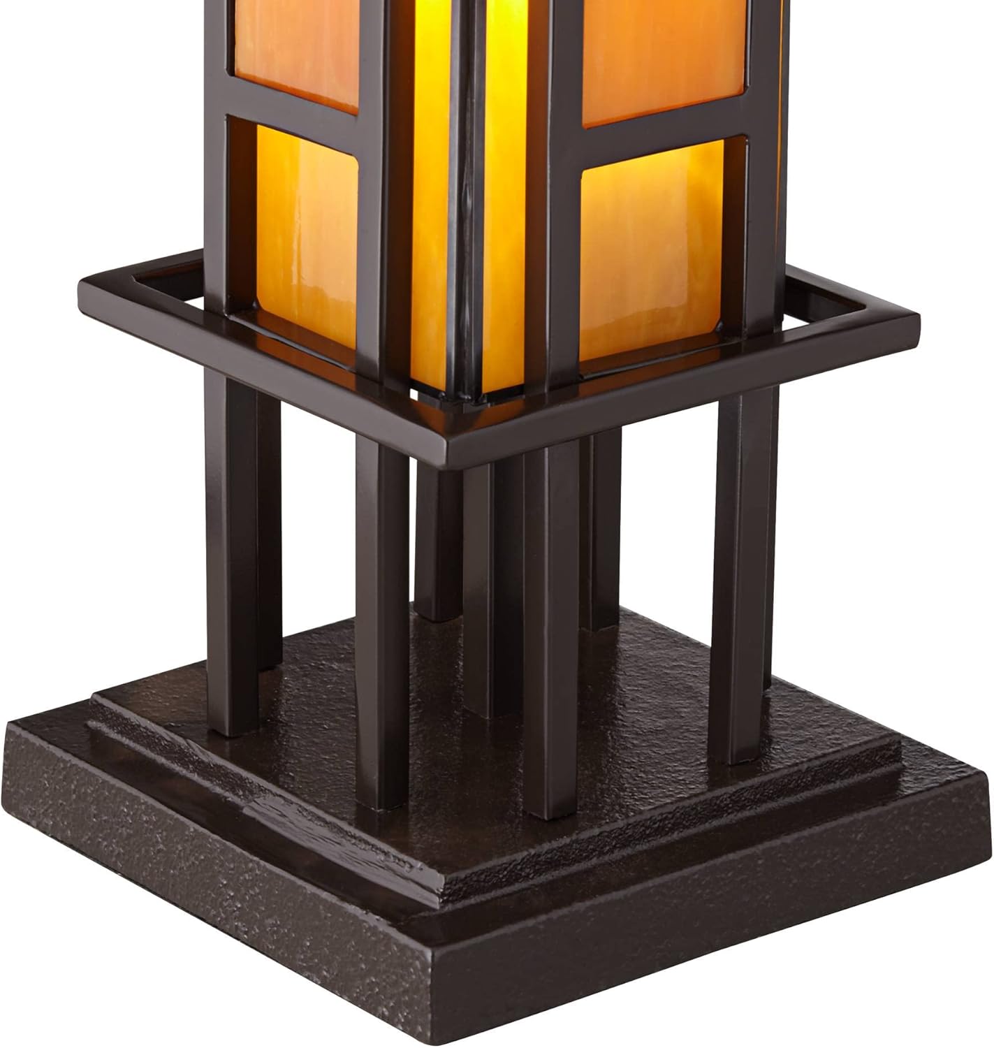 Robert Louis Tiffany Prairie Style Mission Rustic Pillar Accent Table Lamp Bronze Iron Hand-Cut Amber Stained Art Glass U394292