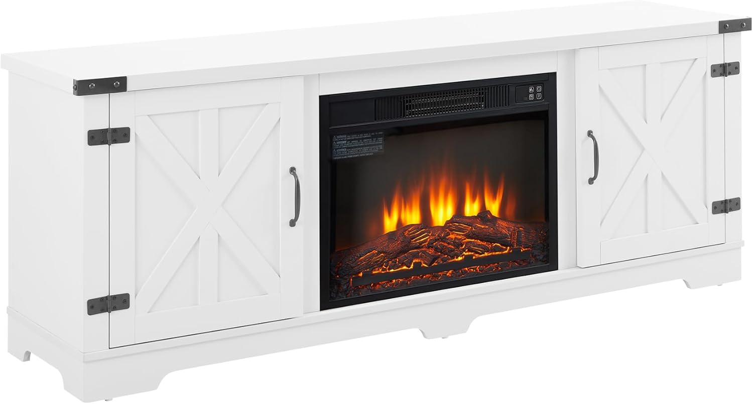Modern Farmhouse TV Media Stand with Fireplace Insert, White E241