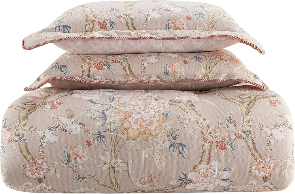 Waverly Peony Gardens 4 Piece Cotton Comforter Set Queen, Taupe K3105