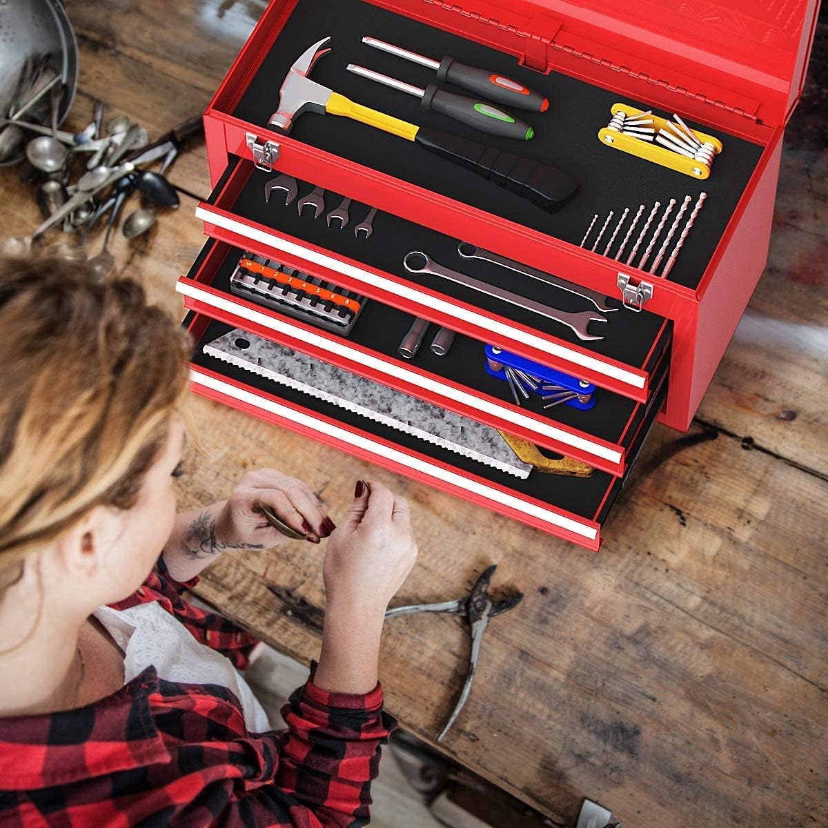 Giantex Portable Steel Tool Box with 3 Drawers, Red A78203