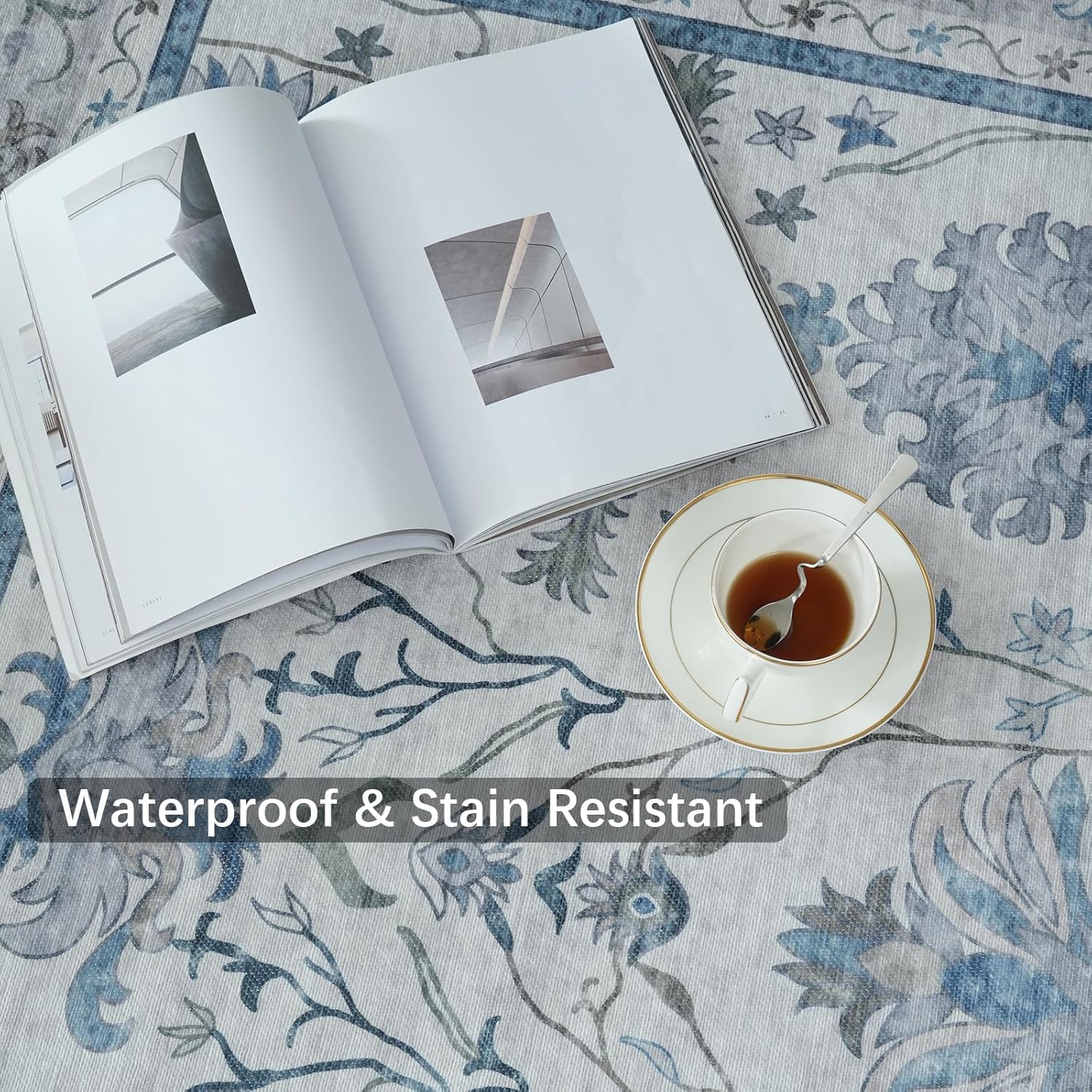 Boho Grey Flower Printed Washable Area Rug 8x10 E2615