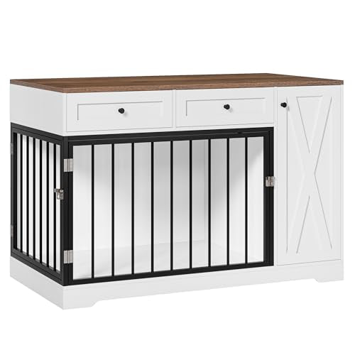 Wooden Dog Crate Furniture with Double Doors and Storage Cabinet for Small Medium Dogs, White H121