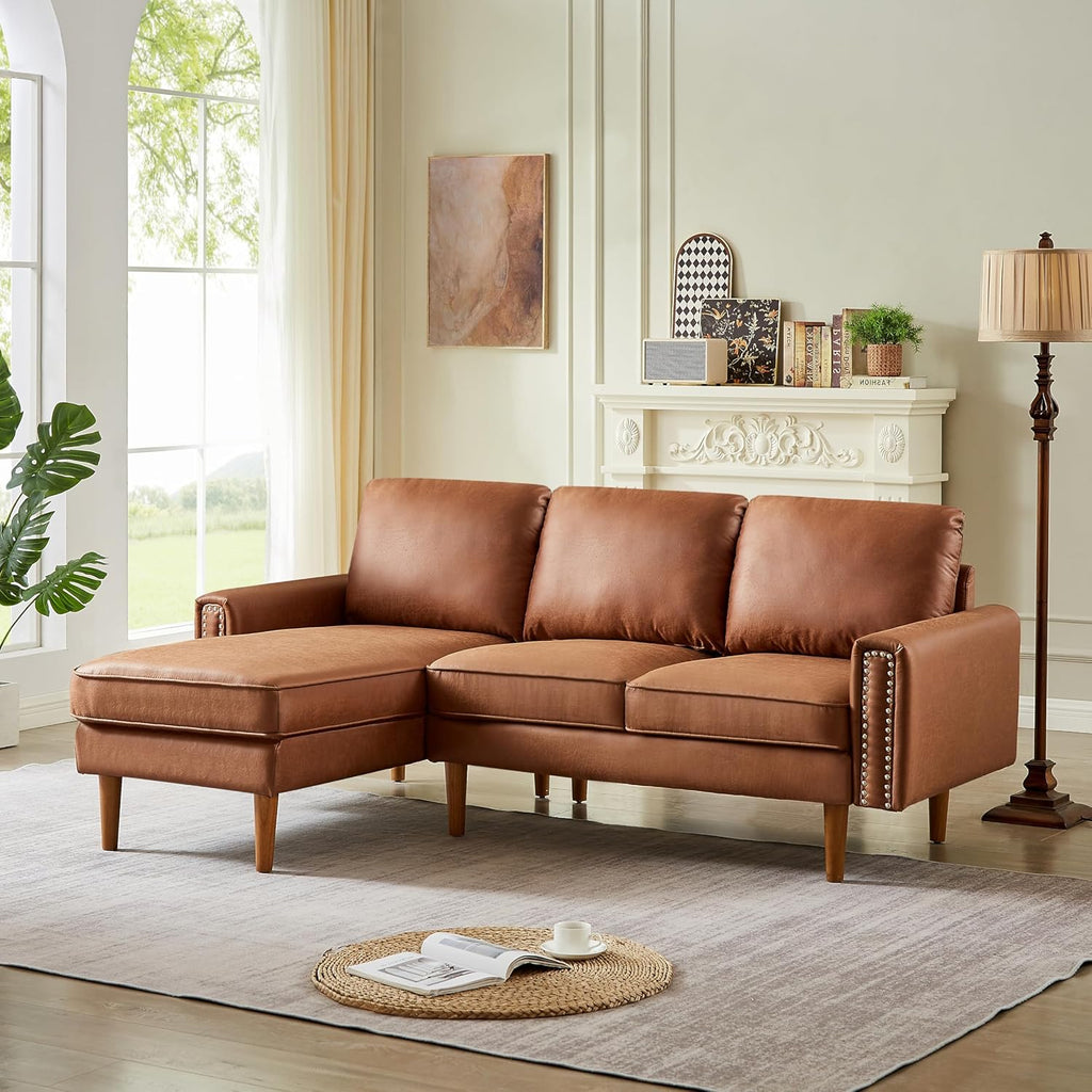 Lifeand 82.2" L-Shape Sofa Couch with Chaise, Mid-Century Copper Nail on Arms, Brown Q393