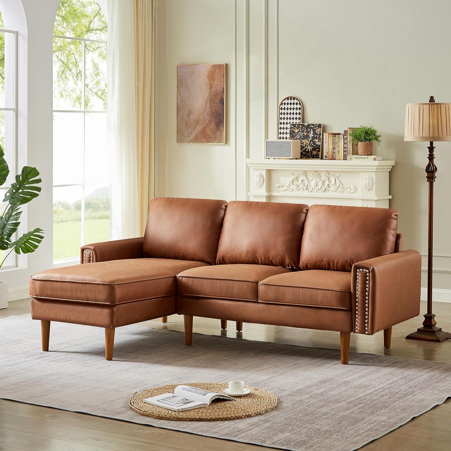 Lifeand 82.2" L-Shape Sofa Couch with Chaise, Mid-Century Copper Nail on Arms, Brown Q393