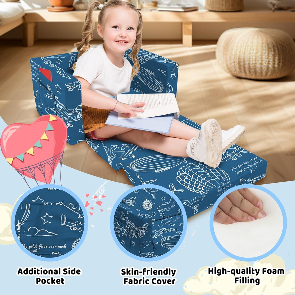 Extra Soft 2 Seats 2 in 1 Flip Open Chair & Sleeper, Cute Dinosaur Print for Toddlers (Blue-Balloon) Y574