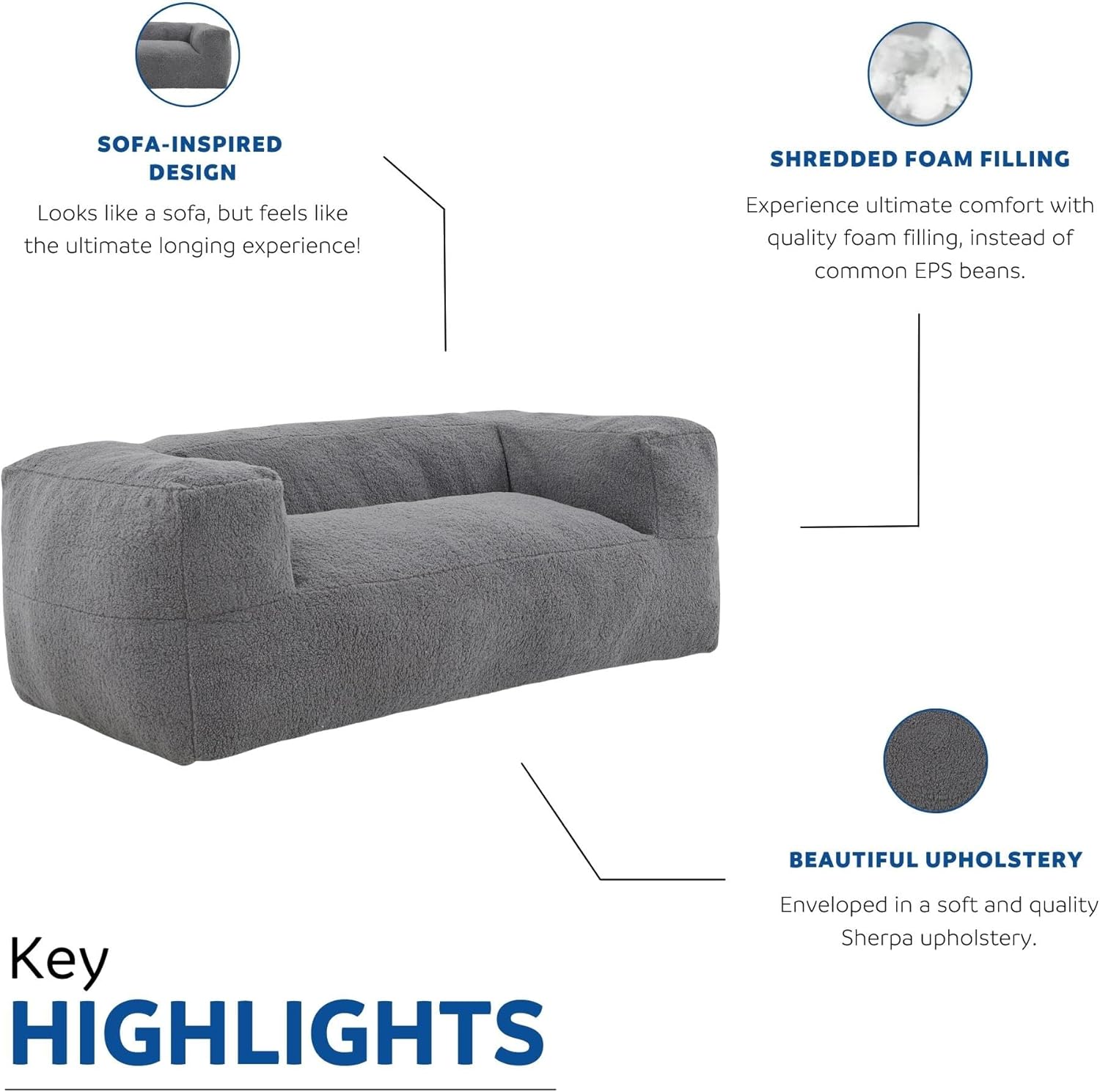 Large Memory Foam Bean Bag Sofa Chair with Armrest for Adults Gray B8913