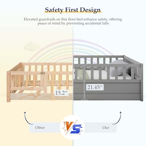 Full Floor Bed with Safety Guardrails for Kids, White A498