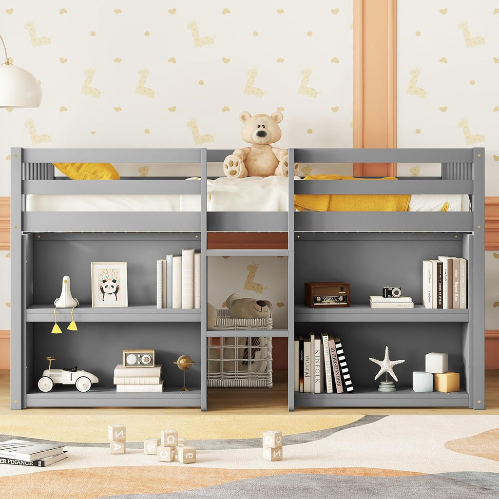 Grey LED Twin Size Low Loft Bed for Kids with Storage Shelves H3282