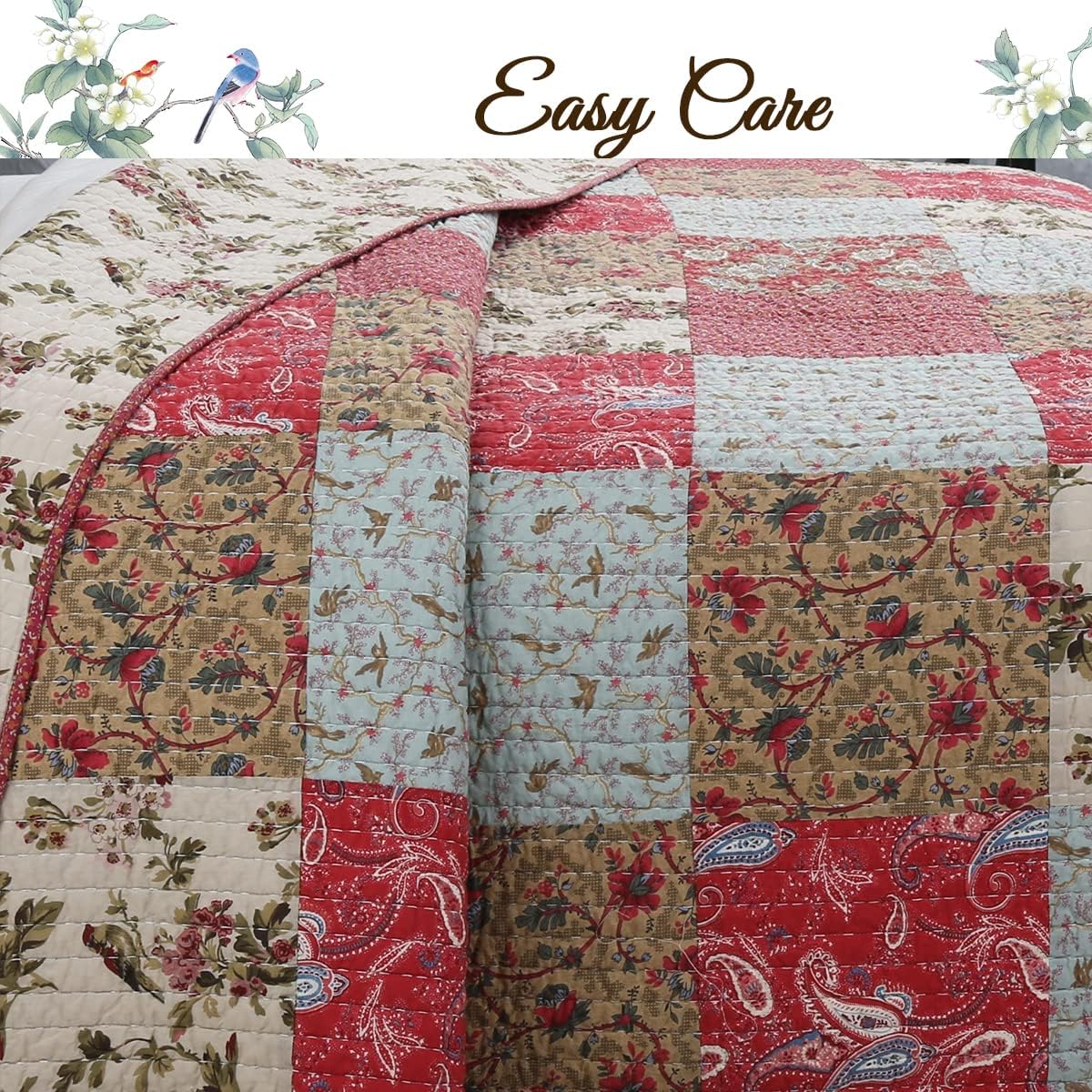 Cozy Line Home Fashions Adeline Red Teal Khaki Floral Cotton Reversible Coverlet Bedding Set Queen U44928