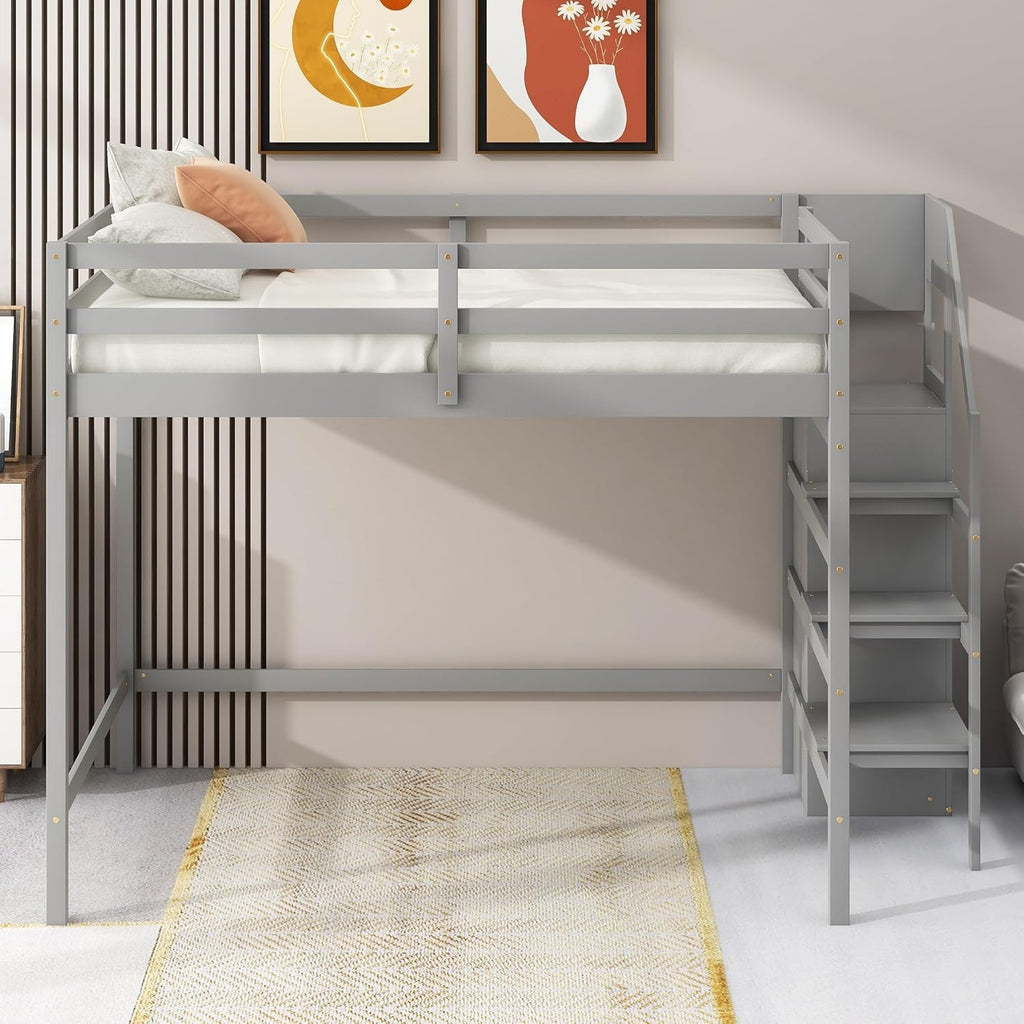 Gray Full Size Multi-Functional Wooden Loft Bed with Built-in Storage Wardrobe and Staircase Guardrails No Box Spring Required Grey Mission Craftsman Vintage Unisex Space Pine Finish