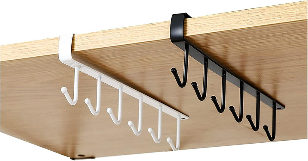 Cup Holder Under Cupboard, Under Cabinet Coffee Mug Holder, 6 Hooks Cups Storage Rack, Drilling Free Coffee Cups Holder, Kitchen Under Cabinet Utensil Hanging Hooks Rack 2 Pack