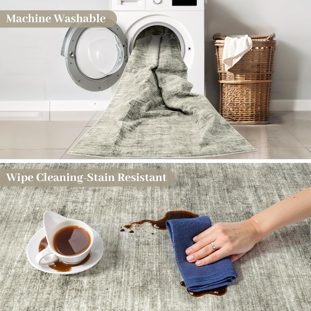 Washable 8x10 Abstract Area Rug for Living Room Bedroom (Grey) K415
