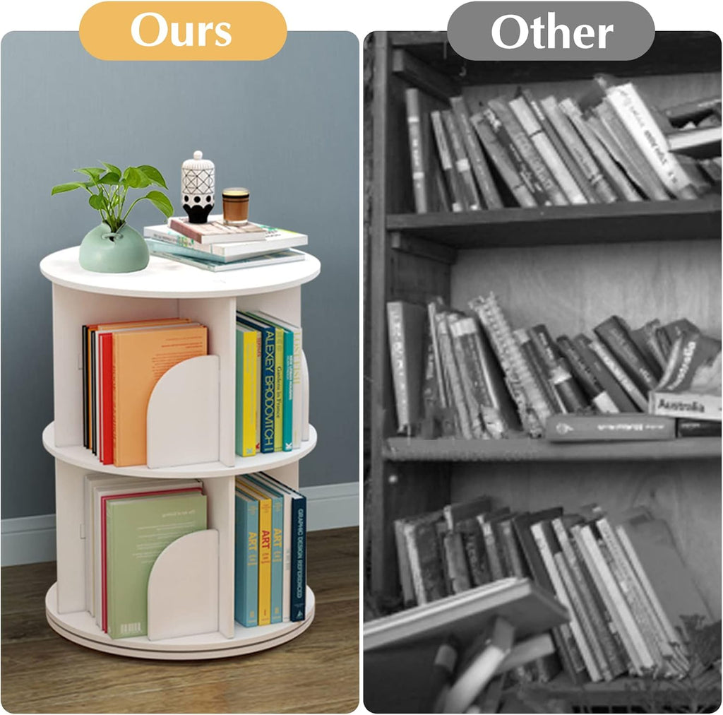 Rotating Bookshelf 2 Tiers Freestanding Storage Shelf, White A892