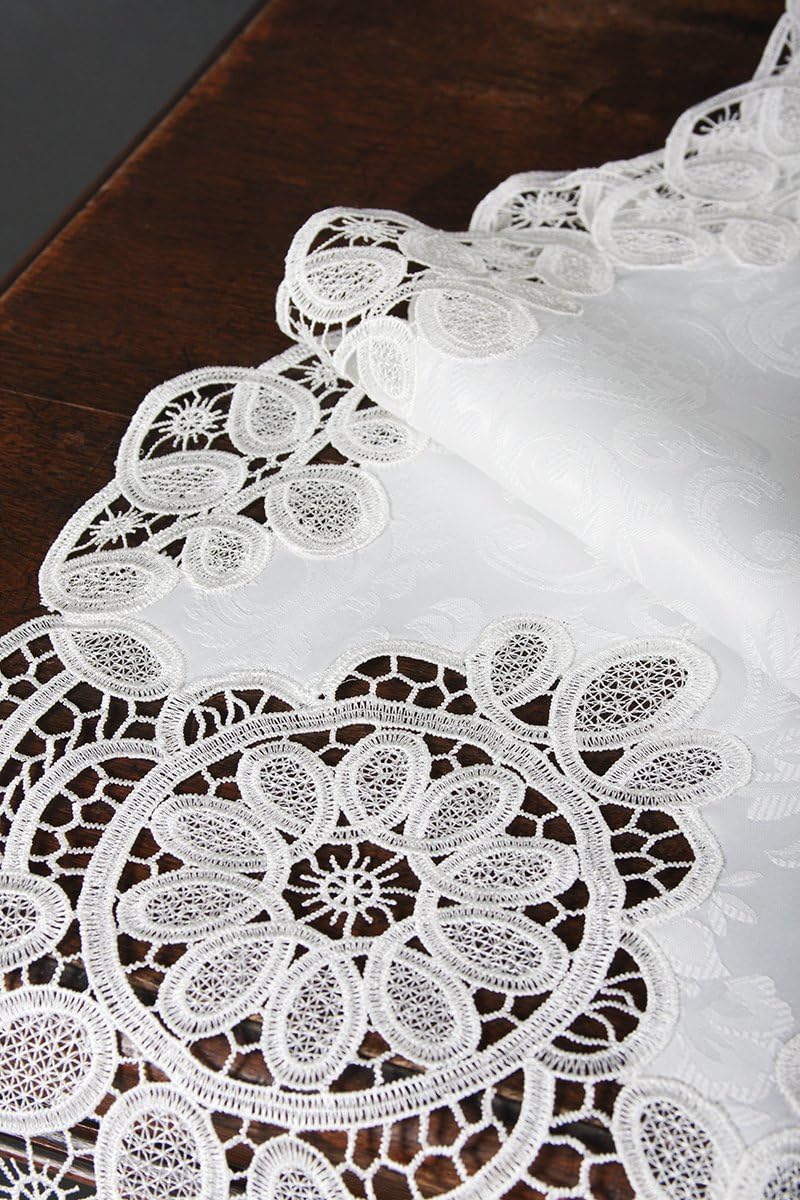 Antebella Lace Embroidered Cutwork Table Runner, 15 by 34-Inch, White O5288