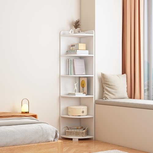 IOTXY 6-Tier Open Corner Shelf, 71" Tall Wooden Floor Standing Bookshelf, Oak S83526