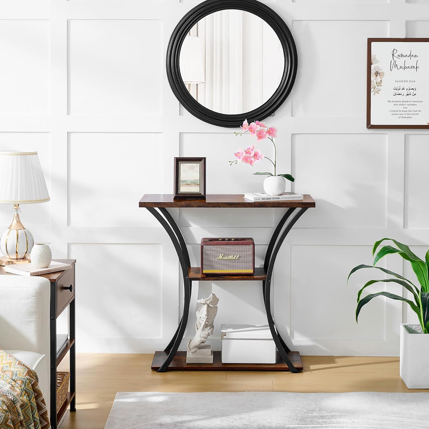 Hoctieon 3 Tier Console Table with Open Wood Shelves, Curved Metal Frames, Rustic Brown+Black E862