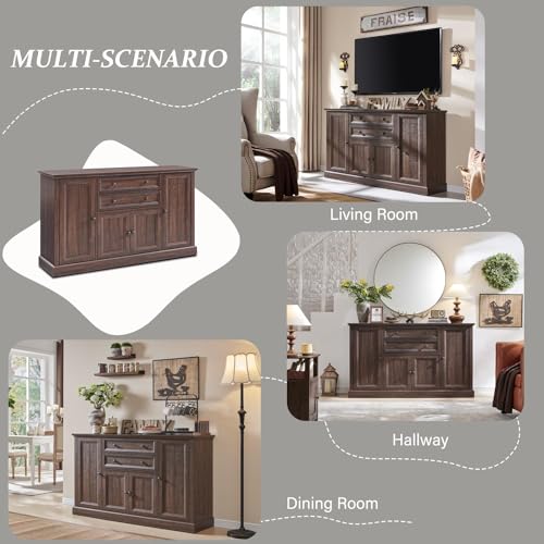 Farmhouse 58" Buffet Cabinet with Storage, 34" Tall Coffee Bar Cabinet, Brown V8629