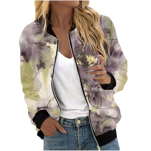 Women Trendy Bomber Jackets Floral Print Jacket Lightweight Thin Pocket Top Zip up Casual Jacket