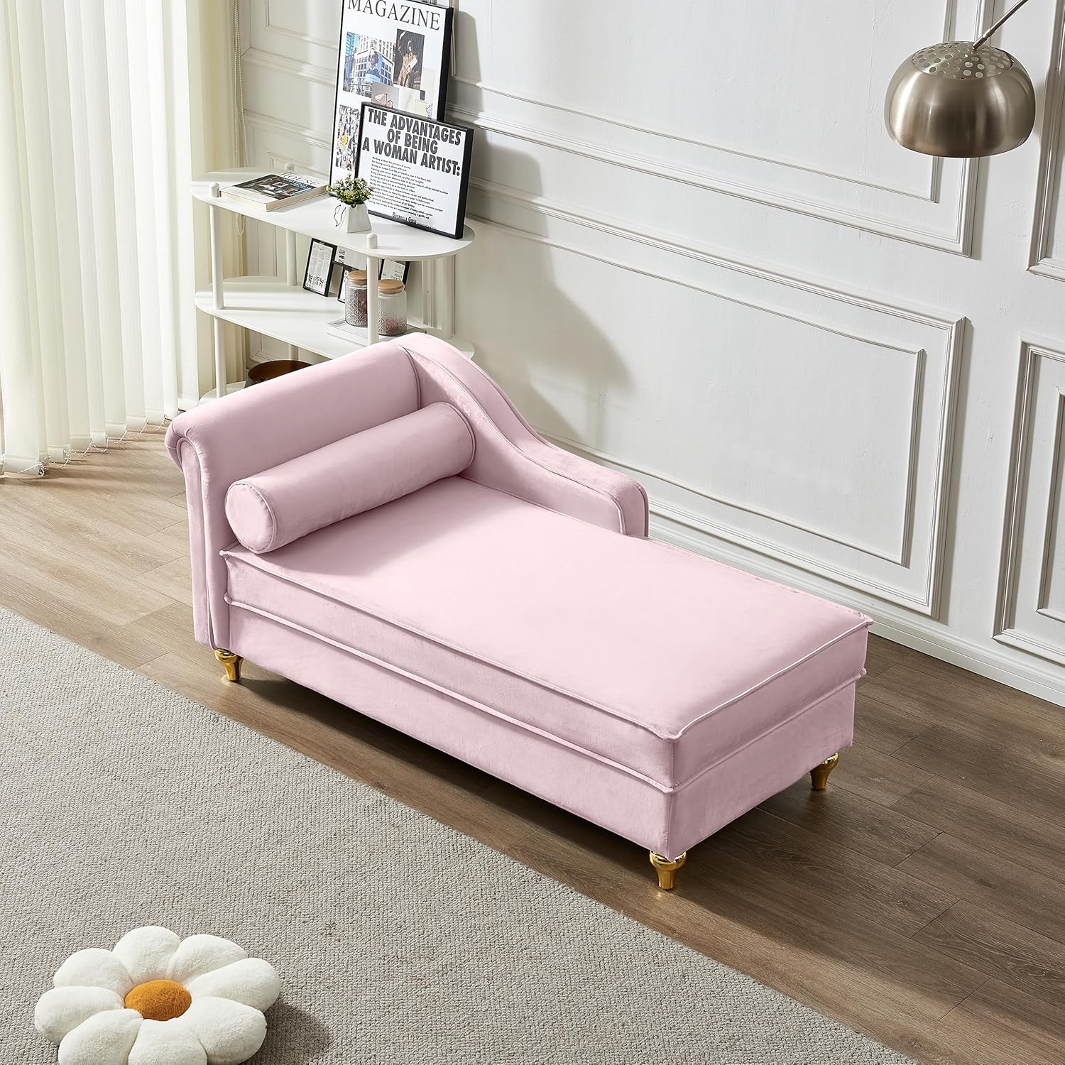 Modern Upholstered Chaise Lounge Chair with Storage, Velvet, Gold Metal Legs, Pink P94677