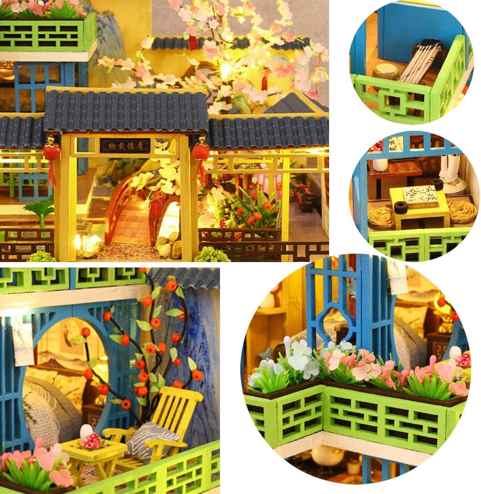 Miniature Chinese Style Three-Storey Villa Dollhouse Kit with Wooden Furniture X69681