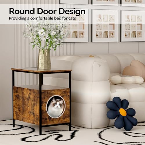 Wood Cat End Table with Charging Station for Living Room H7364