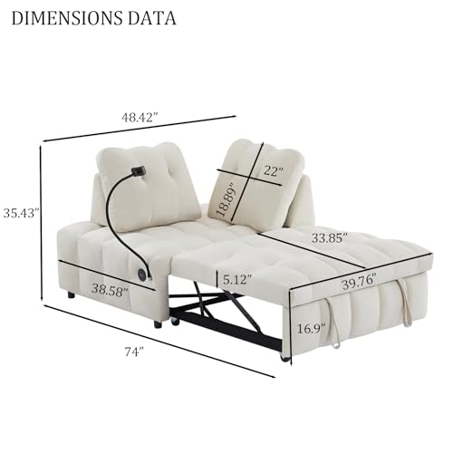48" Convertible Sleeper Sofa Couch Bed, 3-in-1 Velvet Tufted, Grey N793378