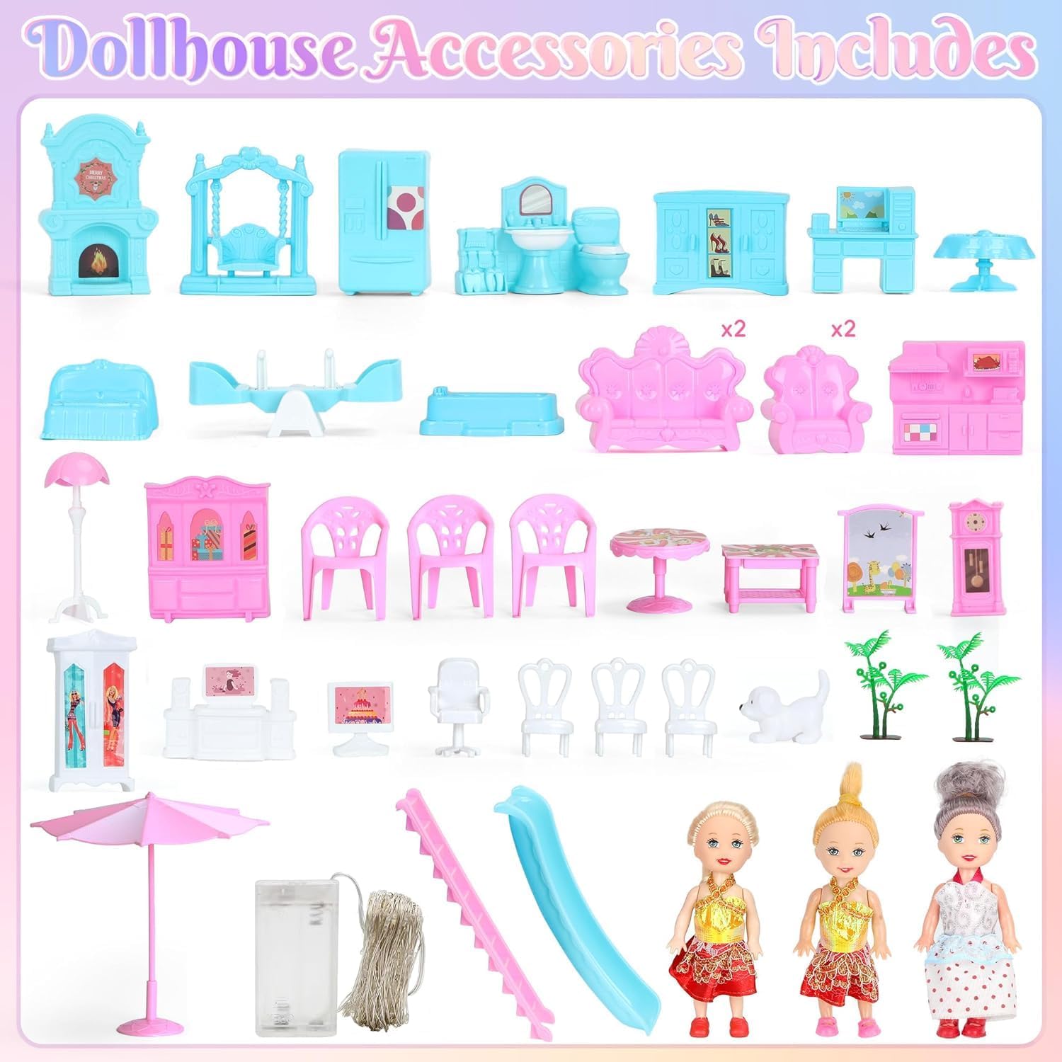 Doll House 4-Story 15 Rooms Playhouse with 3 Dolls, Lights, Furniture and Accessories R44733