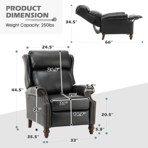 HULALA HOME Genuine Leather Wingback Push Back Recliner Chair with Solid Wood Legs W573313