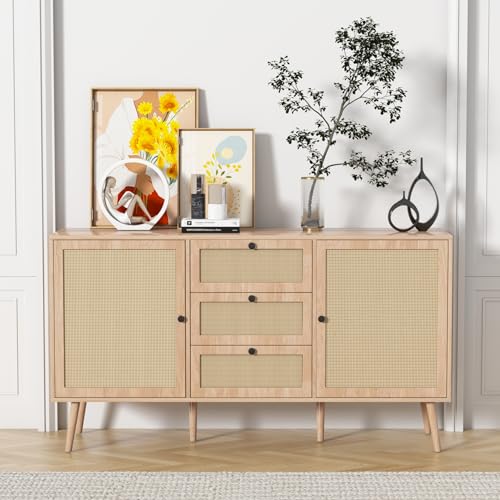 Rattan Sideboard Buffet Cabinet with 2 Doors and 3 Drawers A392923