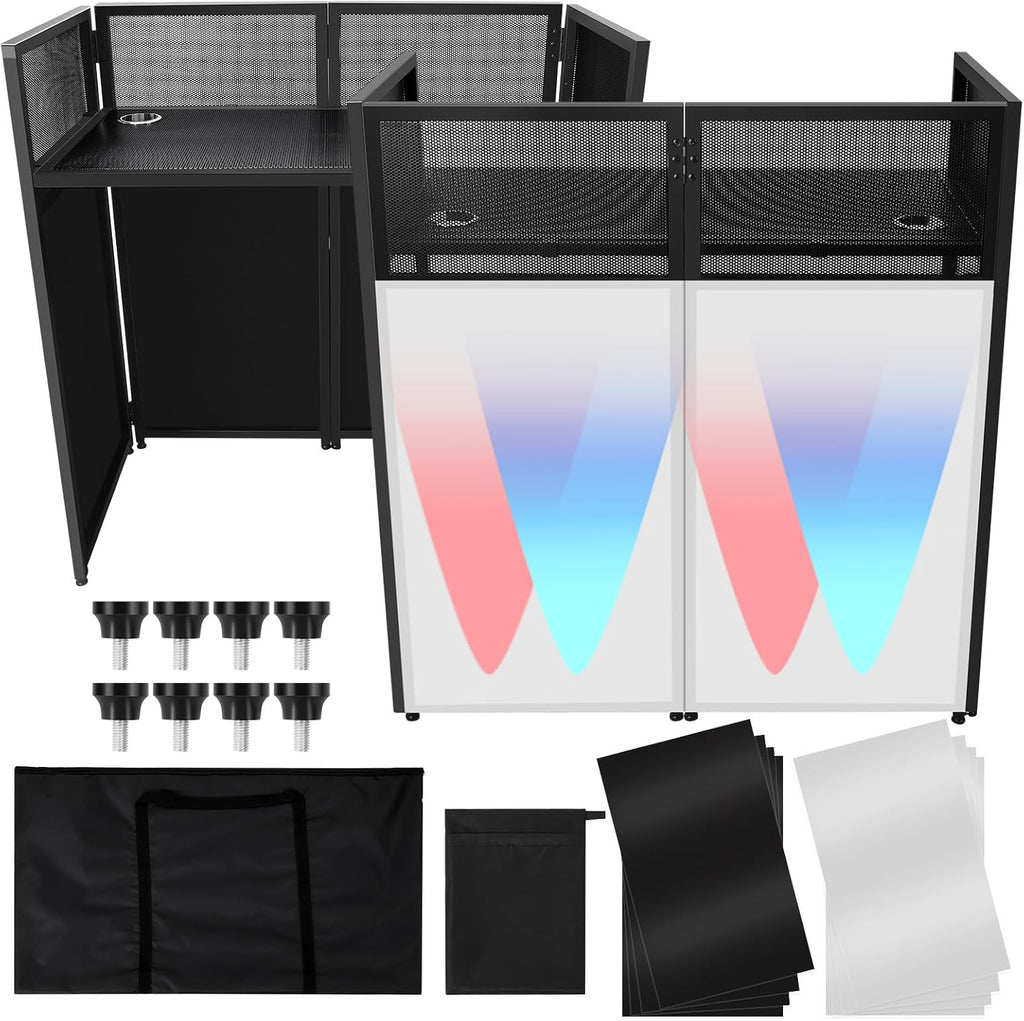 Portable DJ Facade Booth,52"L X 26"W DJ Facade with White & Black Scrim,Foldable DJ Table Station with Adjustable Feet for Party, Black Metal Frame