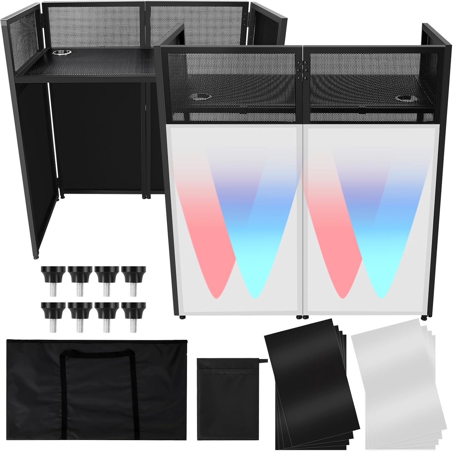 Portable DJ Facade Booth,52"L X 26"W DJ Facade with White & Black Scrim,Foldable DJ Table Station with Adjustable Feet for Party, Black Metal Frame