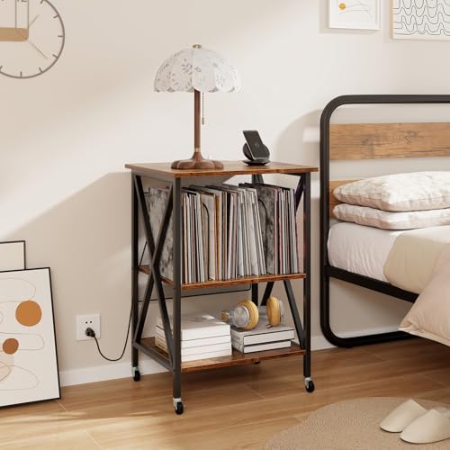 Giantex Record Player Stand with Charging Station, Vinyl Storage Table, Rustic Brown B590639