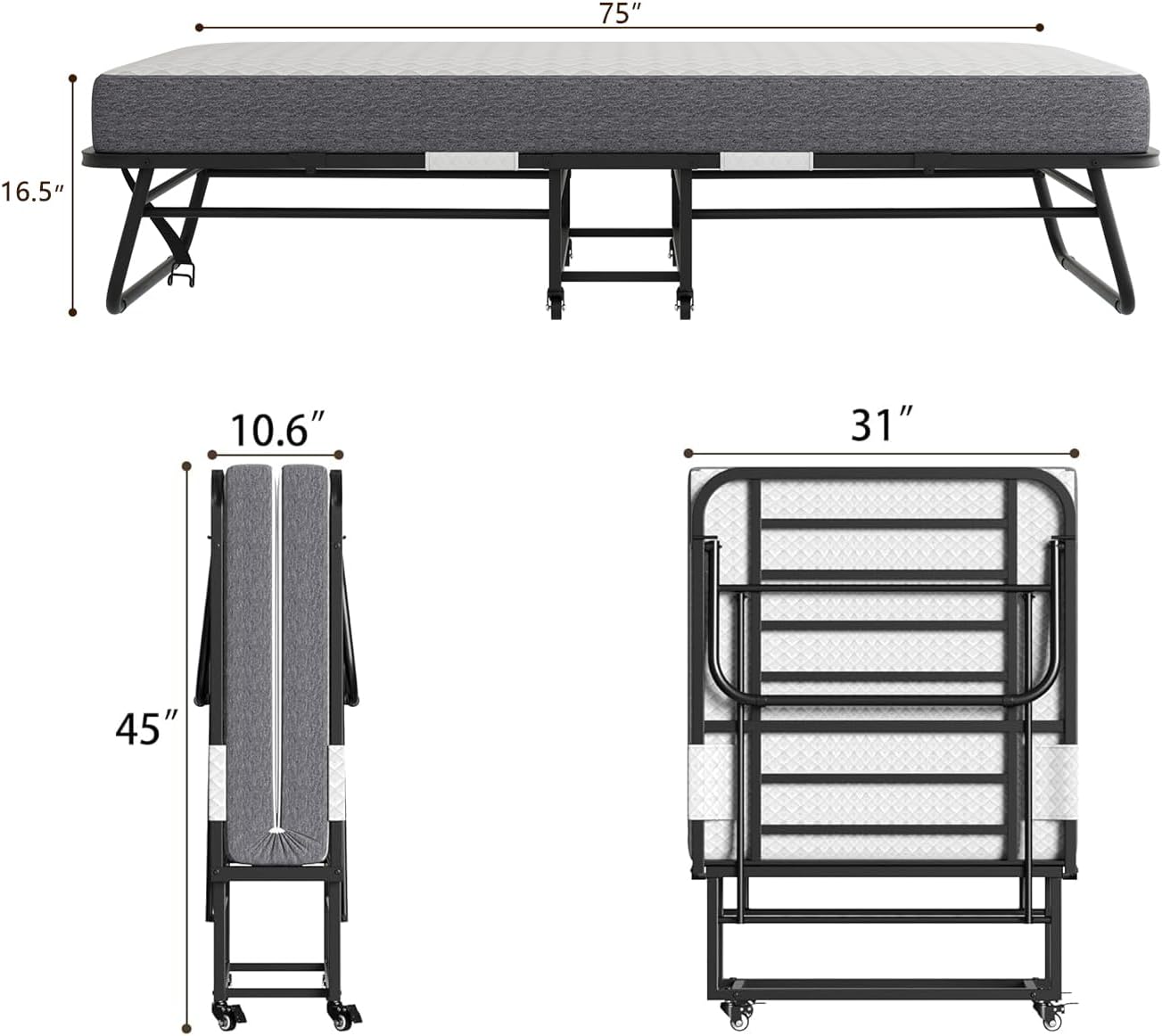 Folding Bed with Mattress, Rollaway Bed for Adults with Memory Foam, on Wheels D9890