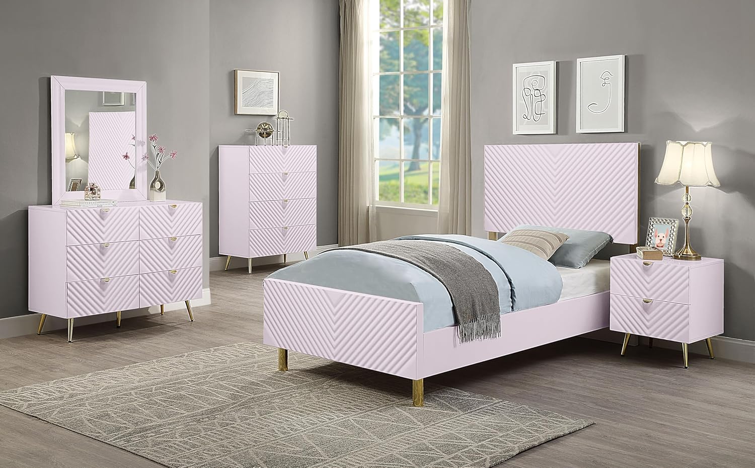 Acme Gaines 6-Drawer Pink High Gloss Wood/Metal Dresser D82099