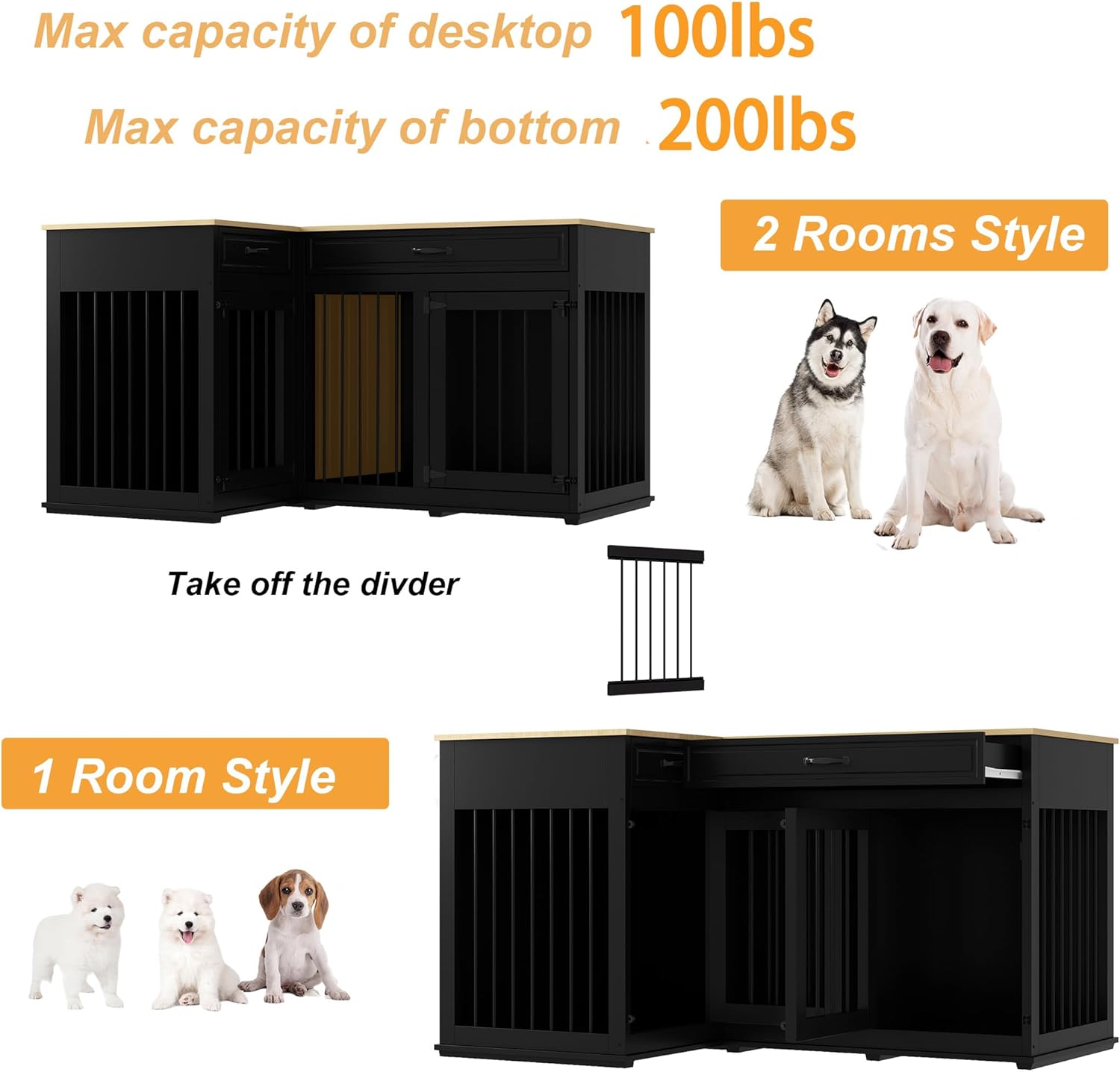 Large Corner Dog Crate Furniture for 2 Dogs, 51" Wooden Kennel with Double Rooms, Black A4644