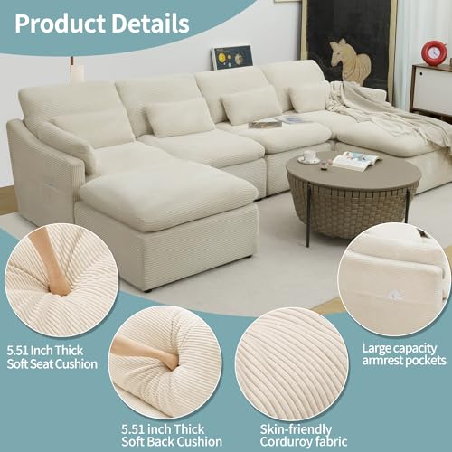 Modular Sectional Sofa with Fluffy Corduroy, U Shaped Couch with Ottomans J7693