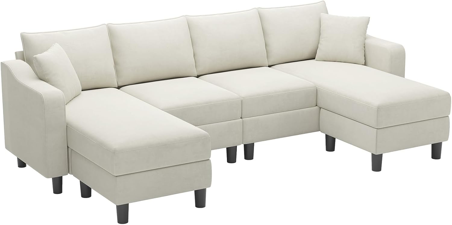 Belffin U Shaped Sectional Sofa Velvet with Reversible Chaises and Ottomans, Beige P2819