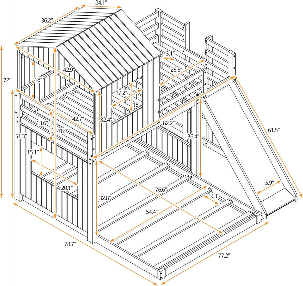 Twin Over Full Wood Bunk Bed with Ladder, Slide and Guardrails, Gray D3749
