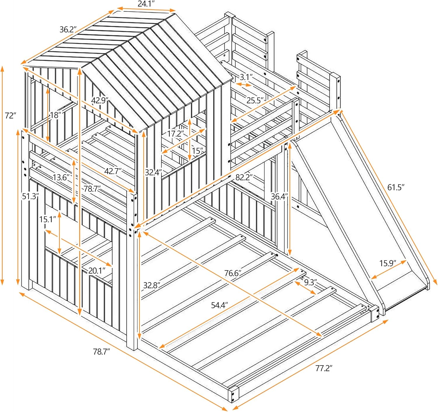 Twin Over Full Wood Bunk Bed with Ladder, Slide and Guardrails, Gray D3749