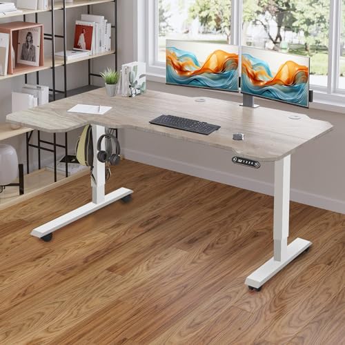 Adjustable Height L-Shaped Electric Sit-Stand Desk with Lockable Casters, Rustic Brown N254691