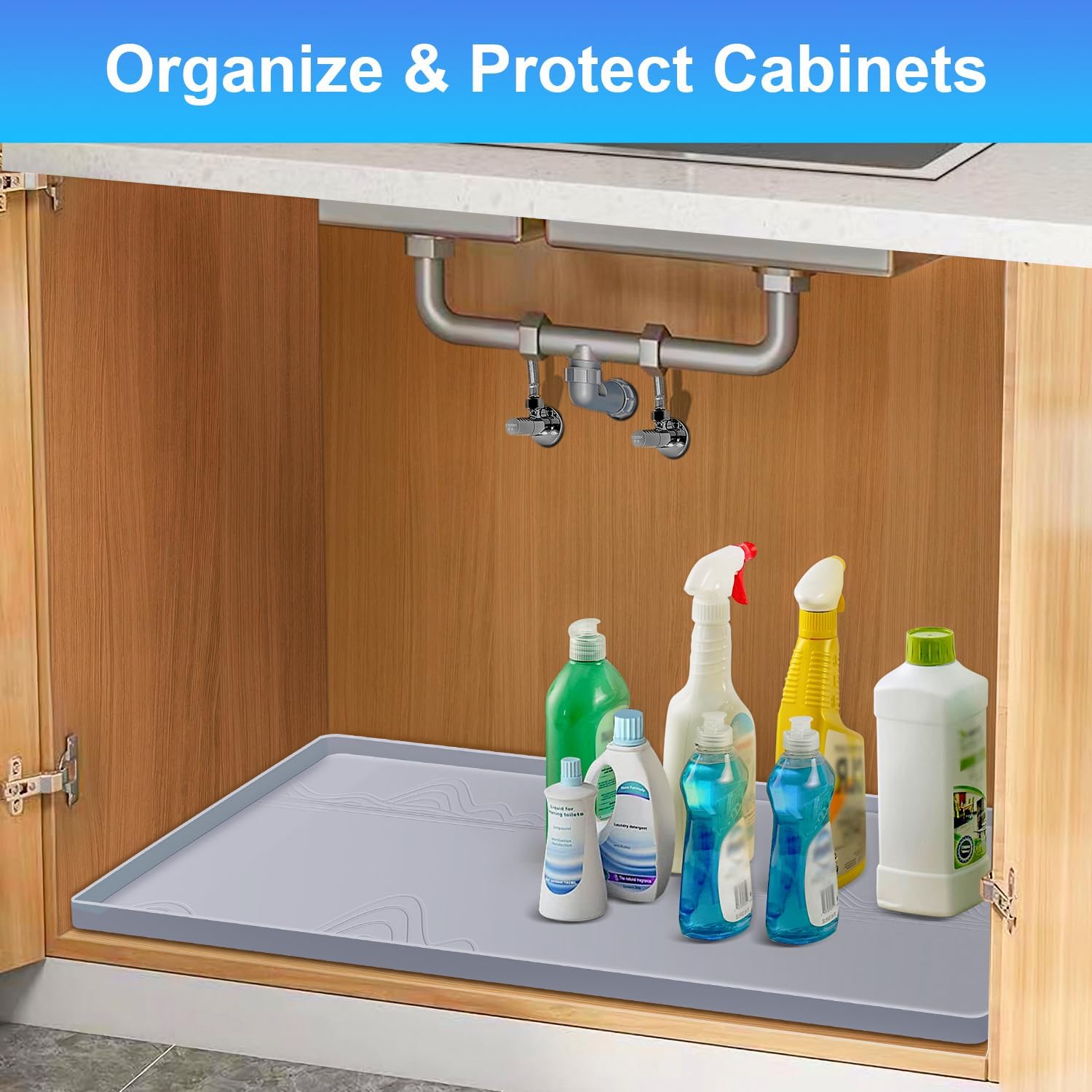 Under Sink Mat 22x19, Silicone with Lip, Waterproof, Light Grey Q30370