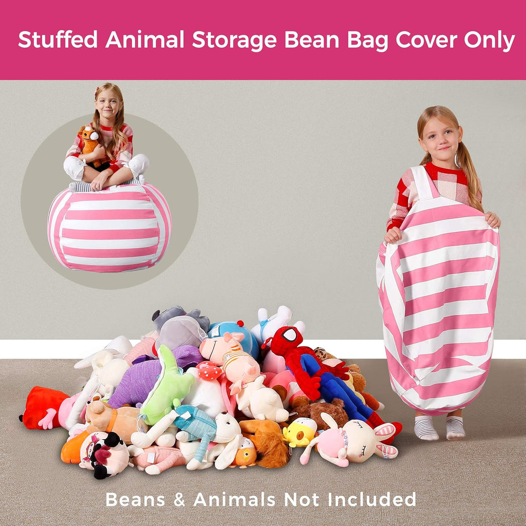 Aubliss Stuffed Animal Bean Bag Storage Chair, Canvas Stripes Pink/White, Medium 32" H473500