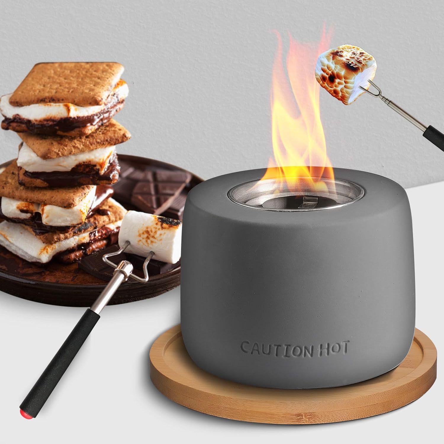 Table Top Firepit Smores Maker - Extendable Forks & Wooden Base Included- Mini Fire Pit for Indoor & Outdoor - Smokeless Fire Pits for Outside - Table Top Fire Bowl Concrete Round Dark Grey