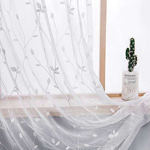 AmHoo 2 Panels Embroidered Leaf Pattern Semi Sheer Curtains Foliage Floral Voile Window Draperies Treatment for Bedroom Living Room Rod Pocket White Taupe 53 x 84 Inch
