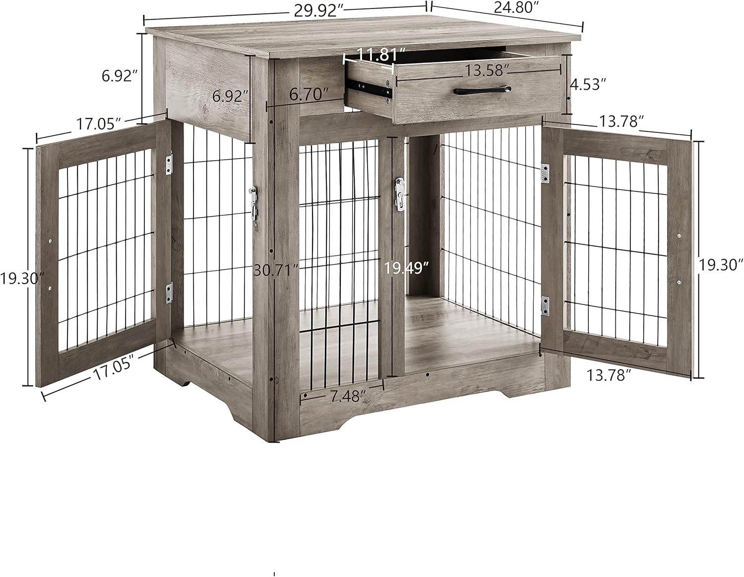 Furniture Style Dog Crate End Table with Drawer, Double Doors, Gray A21004