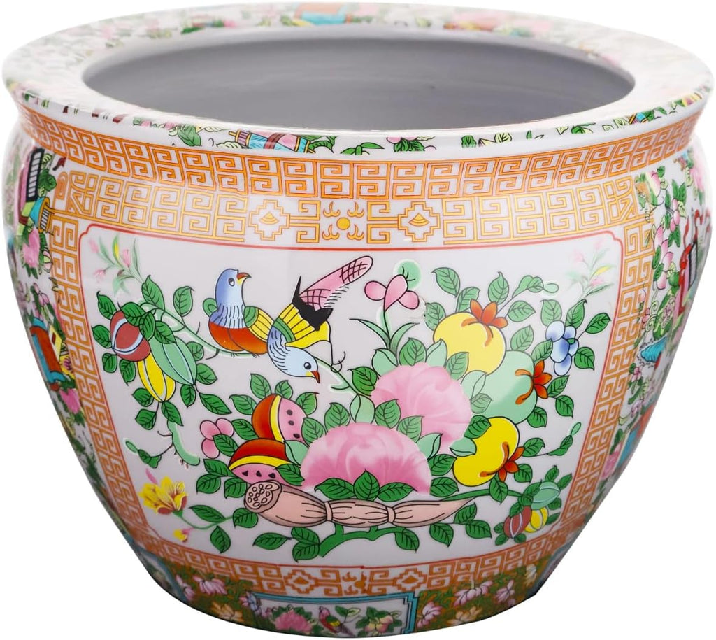 Floral Asian Design Cachepot Planter with Rose Medallion Painting 10" Wide