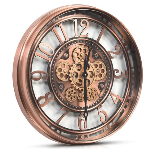 Moving Gear Wall Clock for Modern Farmhouse Living Room Decor,Large Industrial Steampunk Wall Clock,Metal Wall Clock Decorative for Home Office, Dinning Room,Copper (21 Inch)