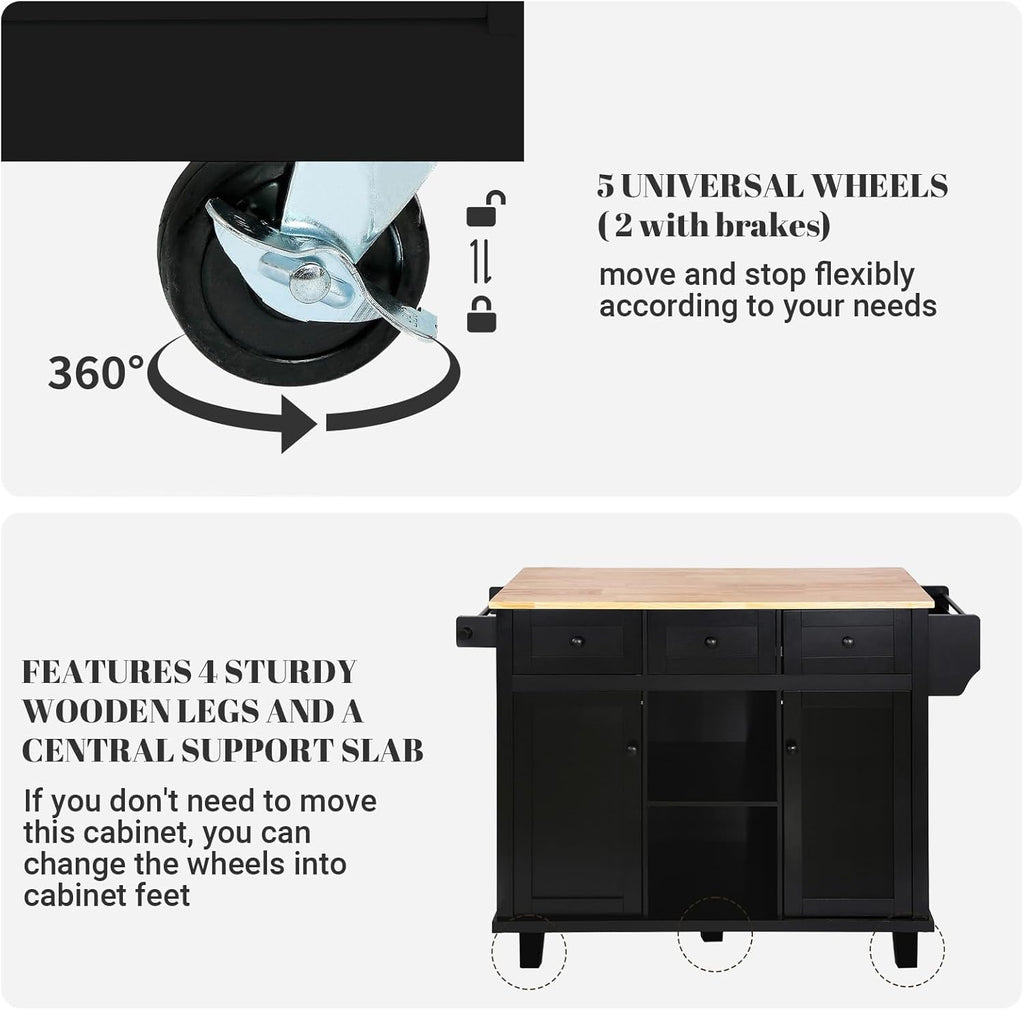 Rolling Kitchen Island with Drop Leaf, Storage, Drawer and Cabinet, 53in, Black C32769